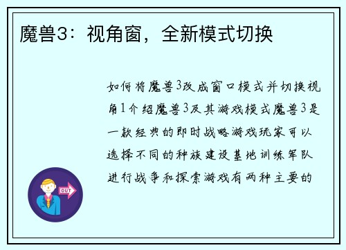 魔兽3：视角窗，全新模式切换